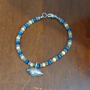 Sterling Football Charm Multicolor Cat's Eye Beaded Charmed Bracelet